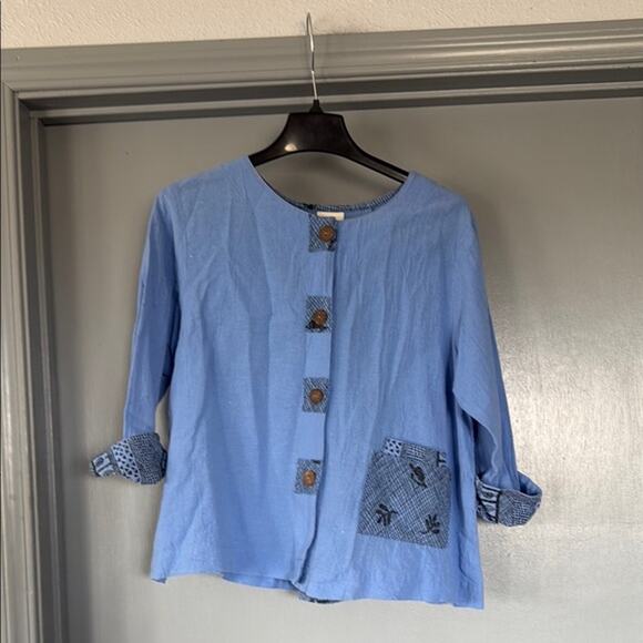 Vintage Produce Company Blue Button Front Top 3/4 Sleeves Back Panel sz M USA - Picture 1 of 6